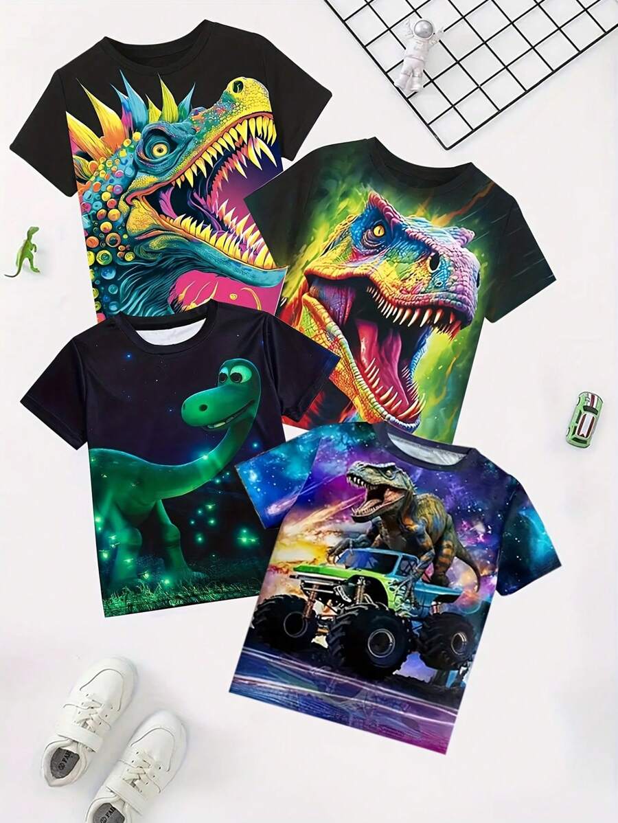 4pcs/Set Boys Casual Minimalist Pattern Short Sleeve Round Neck T-Shirts, Suitable For Summer - Multicolor - View 1