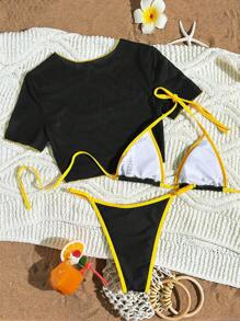 SHEIN Swim 3pcs Women's Spring Break Green Strap Top & Thong Bottoms & Round Neck Short Sleeve Casual Sporty Bikini Set, Festival Boho Style For Summer Beach Vacation