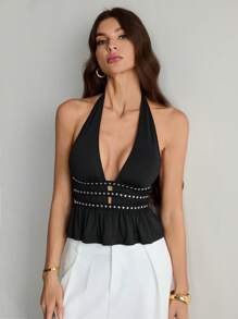 SHEIN Tall 女士休闲简约露背上衣，日常穿着音乐会狂欢节乡村音乐会伊比沙岛西部装波西米亚街头装热带风情辣妹装辣妹