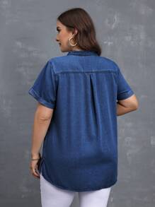 EMERY ROSE Plus Size Women V-Neck Short Sleeve Button Half Front Placket Casual Denim Top - Medium Wash - View 2