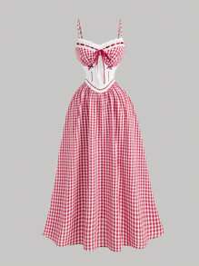 SHEIN MOD Square Neckline Ruffled Cuff Bow Waisted Plaid Print Dress,Concert ,Graduation , Elegant,Vacation ,Tea Party ,Modest ,Brunch Outfits ,Milkmaid Red Plaid Dress