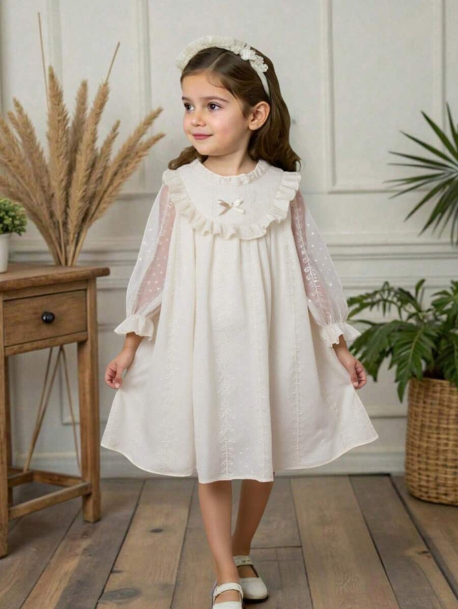 SHEIN Vestito da principessa elegante per ragazze con colletto arricciato, bordi in pizzo, ricamo, taglio ampio, doppio rivestimento, adatto per vacanza, viaggio, festa, regalo, primavera/autunno - Albicocca - Visualizzare 1