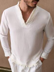 Manfinity VCAY Men's Casual Slim Fit V-Neck Fringe Trim Solid Color Long Sleeve Top - White - View 5