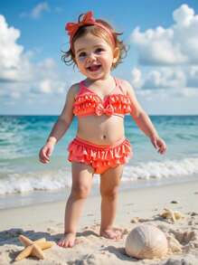 Baby Girl Cute Ruffled Bow Decoration Bikini Swimsuit Set - Pink - View 1
