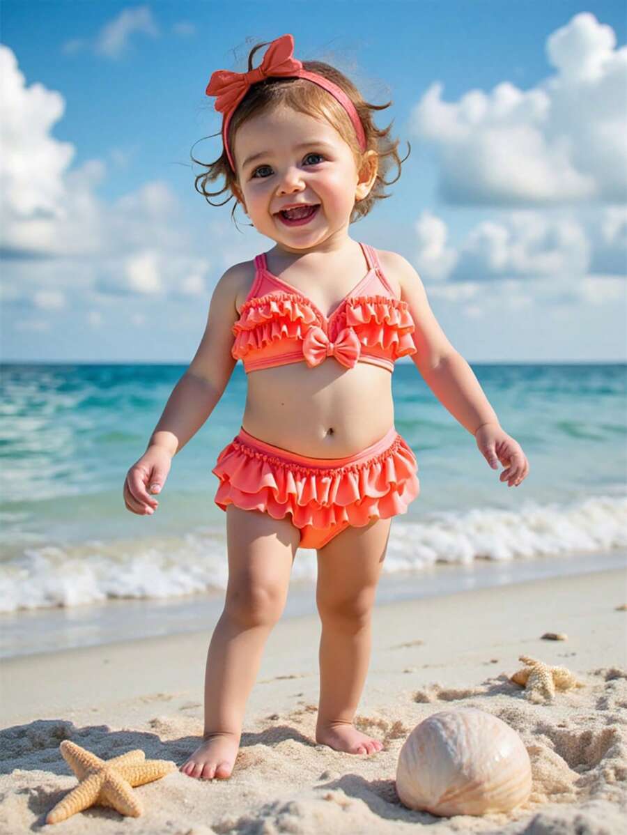Baby Girl Cute Ruffled Bow Decoration Bikini Swimsuit Set - Pink - View 1