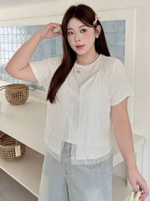 Dazy Plus Áo thun thời trang tay ngắn buộc ren tương phản cỡ lớn cho nữ - trắng - Xem 6