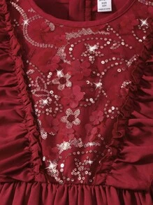 SHEIN Tween Girl Wine Red Woven Dress, With Sequins Embroidery Splice On Front Chest, Cap Sleeves, Ruffle Front, Elegant And Vintage, Suitable For Ball And Party