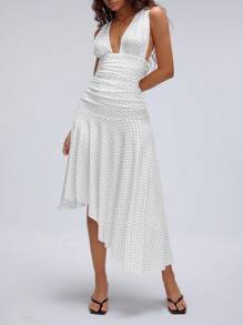 Flirla 1 chiếc váy midi thường ngày chấm bi đen trắng cổ chữ V sâu cho nữ, vừa vặn, màu trắng, xếp ly viền đuôi cá, kỳ nghỉ hè - Đen và trắng - Xem 6