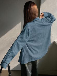 DAZY 女士宽松休闲纯色长袖衬衫，秋装 - 霧霾藍 - 查看 3