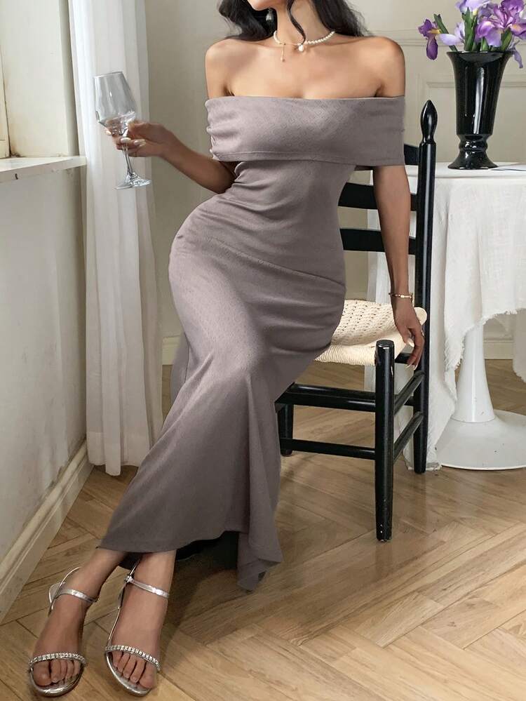 Women's Summer Off Shoulder Cinched Waist Bodycon Midi Dress