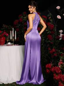 Coutiva 女式闪亮褶饰鱼尾下摆露背优雅晚礼服，正式，派对礼服，适合婚礼宾客