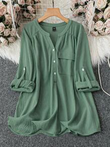 DreamSkyne 大码休闲/工作纯色卷袖衬衫 - 綠色 - 查看 1