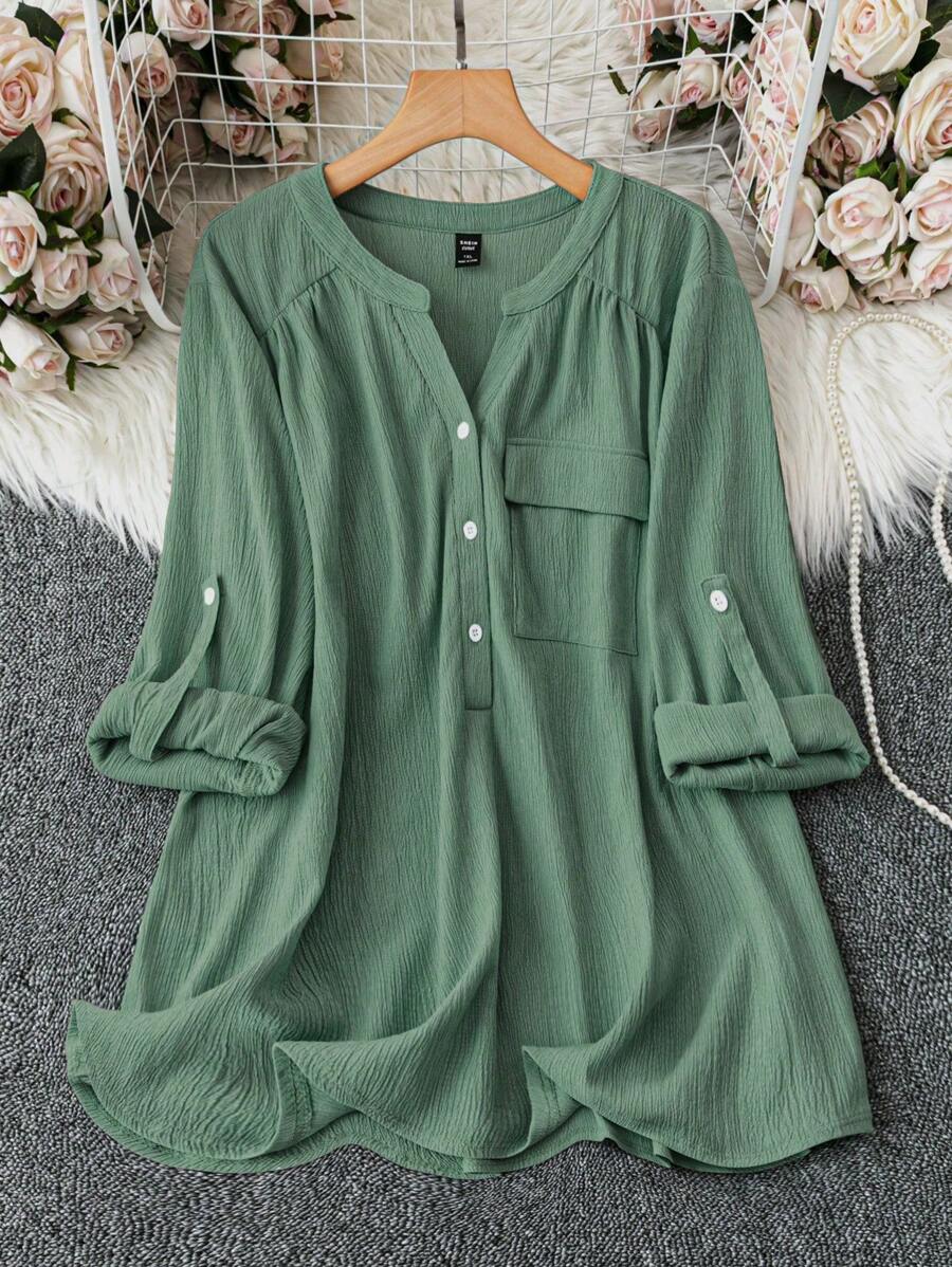 DreamSkyne 大码休闲/工作纯色卷袖衬衫 - 綠色 - 查看 1