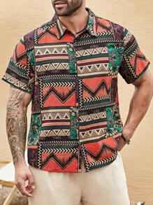 Manfinity RSRT Plus Size Men's Geometric Print Single-Breasted Short Sleeve Casual Shirt - Multicolor - View 3