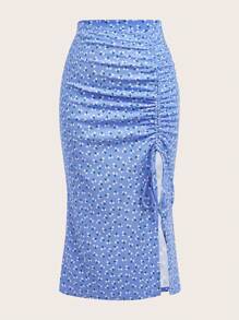 SHEIN EZwear Plus Size Ditsy Floral Printed Pleated Casual Skirt For Summer - Blue - View 1