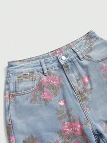 ROMWE Fairycore 复古花卉印花水洗宽松阔腿牛仔裤，夏季女士 - 粉色 - 查看 4