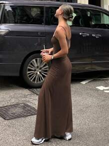 Livesso Nuevo vestido largo de mujer de unicolor para el resort de playa de verano, informal - Marrón - Ver 2