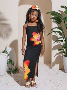 SHEIN Tween Girls' Casual Vacation Black Tropical Floral Print Slit Hem Dress