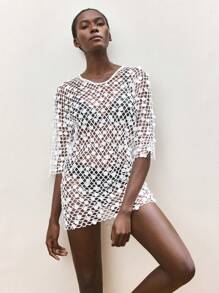 Maija 白色蕾丝串珠刺绣网眼面料迷你连衣裙，V 领无袖，波西米亚风格，适合春夏度假海滩装