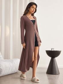 SHEIN Women Deep V-Neck Solid Color Casual Loose Long Sleeve Cardigan Robe - Redwood - View 3