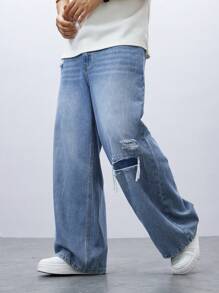 Manfinity Homme Men's Washed Distressed Wide Leg Jeans - Blue - View 1