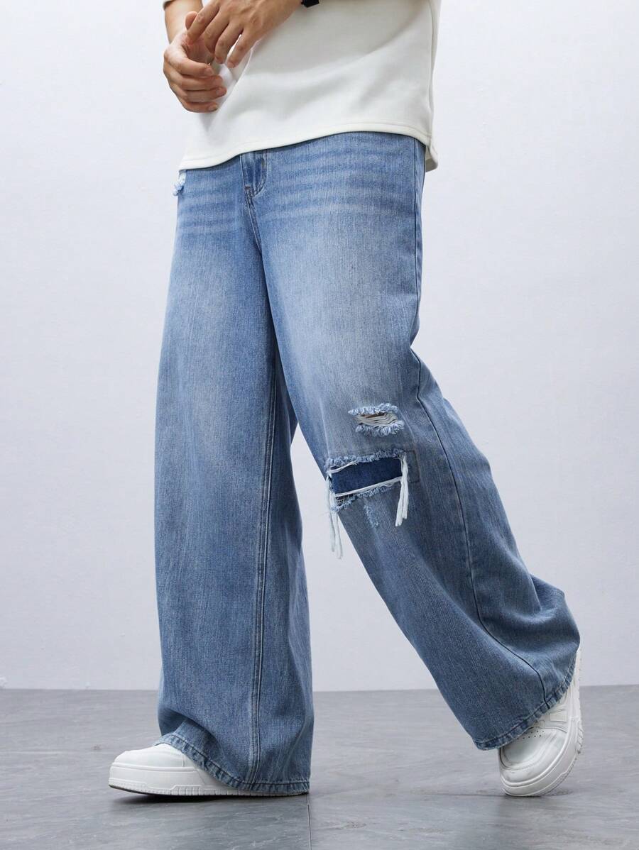 Manfinity Homme Men's Washed Distressed Wide Leg Jeans - Blue - View 1