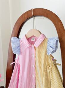 SHEIN LMoss Kids Babygirl Cute Summer Casual Striped Patchwork Cap Sleeve Mini Dress - Multicolor - View 10