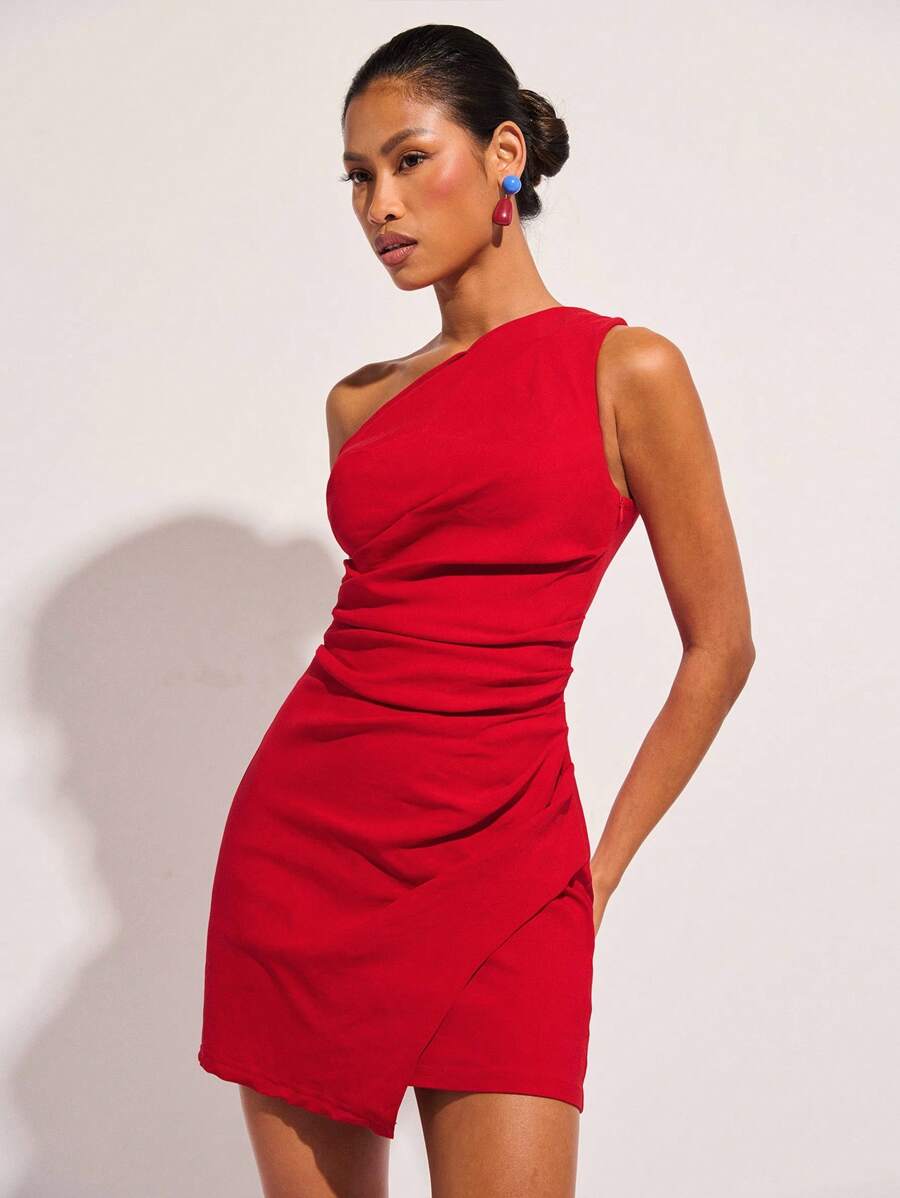 COSMINA Bandage Dress Women Solid Color Sleeveless Pleated Fitted Mini Dress - Red - View 1