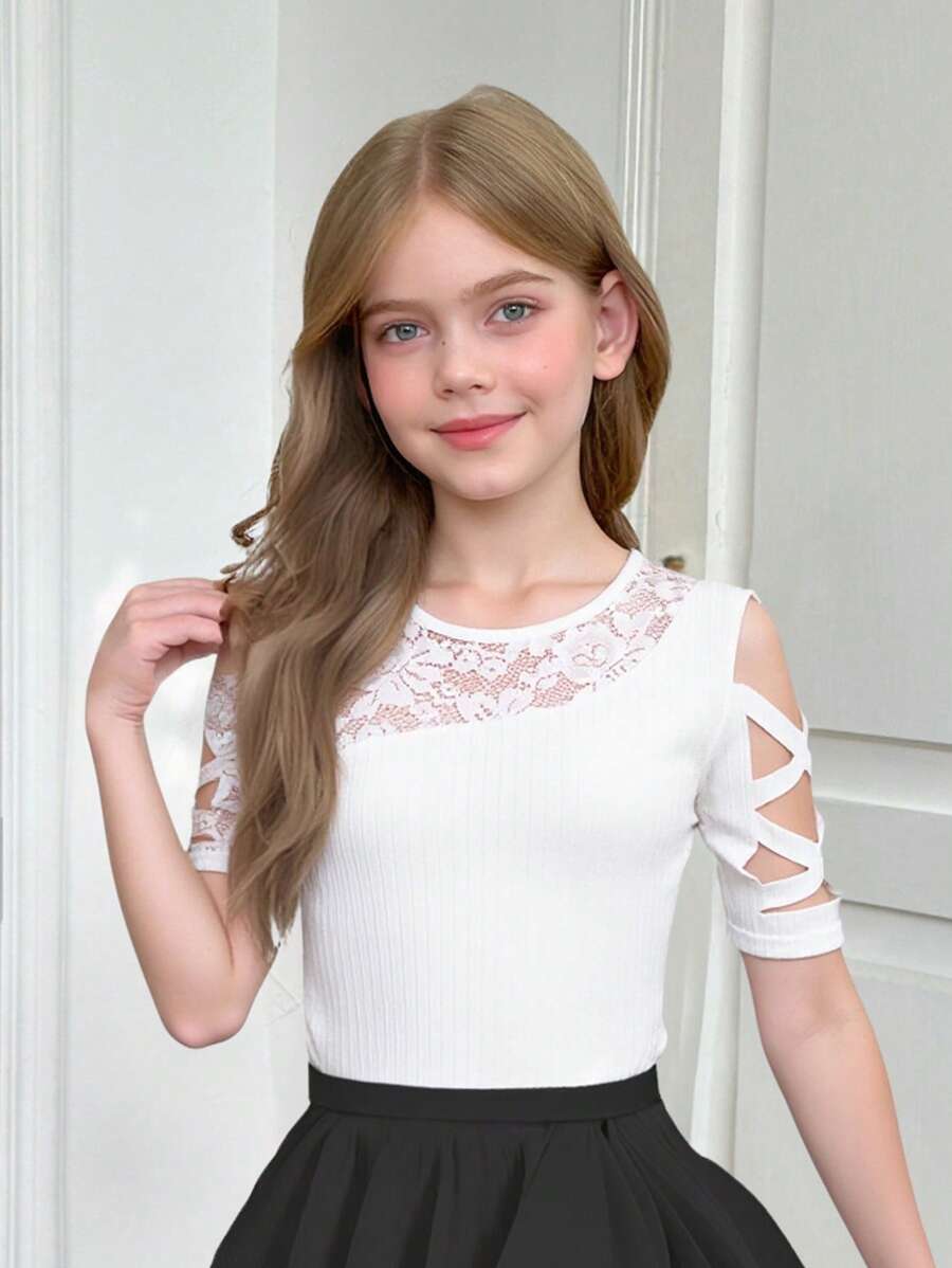 SHEIN Leap Crew Tween Girls Ribbed Knit Lace Patchwork Round Neck Criss-Cross Asymmetric Design Fitted T-Shirt - White - View 1