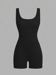 Young Girl Solid Color Fitted Jumpsuit - Black - View 5