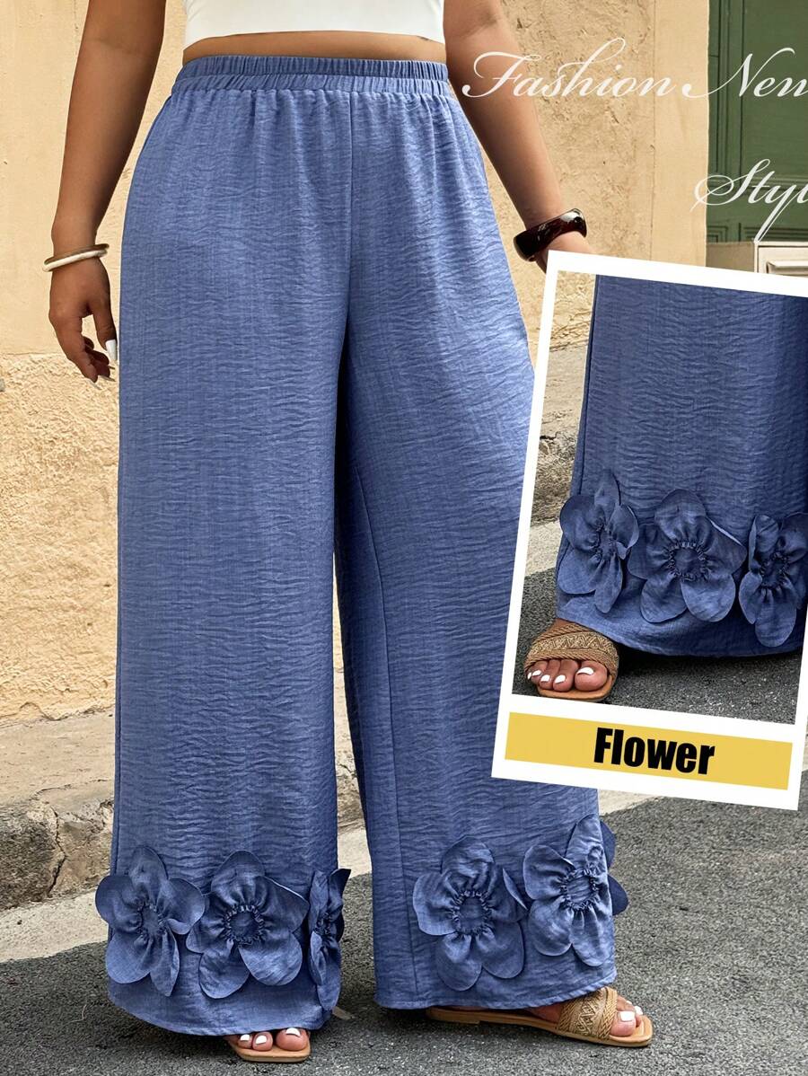SHEIN LUNE 大码女式3D花卉装饰松紧腰阔腿裤 - 藍色 - 查看 1