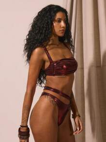 Musera Resort Metallic Ruched Bust Metallic Bikini Top Only Spring Summer Vacation Sexy Boho Ibiza Festival Beach Swim Rave Sands - Burgundy - View 2