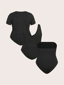 SHEIN EZwear 3pcs Black Plus Size Bodysuit Set - Black - View 2