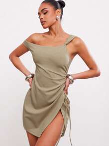 Hauture Summer Sexy Office Casual Solid Asymmetrical One Shoulder Ruched Slit Mini Dress - Brown - View 1