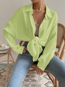 SHEIN EZwear 绿色女式衬衫落肩纽扣沙滩衬衫 - 青檸色 - 查看 4