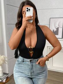Flirla Plus Size Women Sexy & Chic Metal Decor Plunging Neck Bodysuit