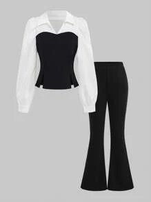 SHEIN 2 pièces Ensemble hauts rayés et pantalons évasés pour préadolescentes, élégant, pour mariage et invité de mariage
