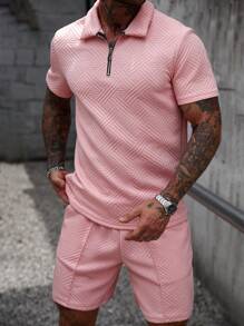 Manfinity Homme Men's Fashionable 3D Textured Casual Polo Set Men 2 Pieces Sets Men 2 Pieces Outfits Summer