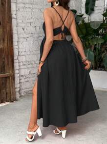 SHEIN 孕妇吊带纯色镂空时尚连衣裙，适合夏季 - 黑色 - 查看 2