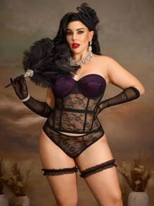 Vintage Palace Satin Lace Fishbone Bodysuit Sexy Plus Size Lingerie - Black - View 6