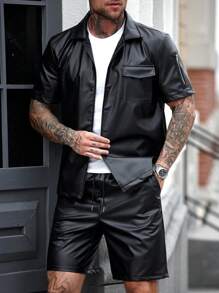 SLATEMANN 男士纯色前扣短袖衬衫和抽绳腰袋短裤套装男士服装套装男士时尚服装男士服装两件套男士设计师服装 - 黑色 - 查看 3
