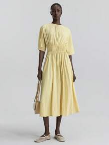 Ontre Damen Vier-Jahreszeiten Bürokleid mit Taille, Hochzeitsgast Kleid, Lehrerin Kleid, Club Kleid, Business Lässig Kleid, Old Money Stil, Retro Damen Kleid, Lässig Street-Style, Rundhals Fledermausärmel, plissiertes Taschen Midi Kleid