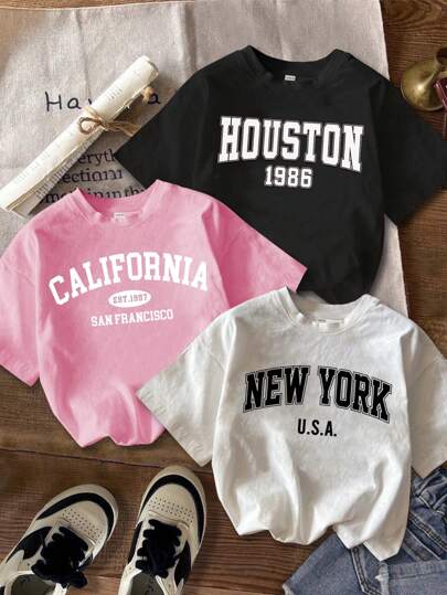 Attitoon 3点セット カジュアル ミニマリスト柄 クルーネック 半袖 カリフォルニア プリント、ニューヨーク プリント、ヒューストン プリント フィットショート クロップトップ、外出、学校に最適