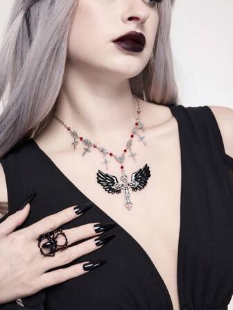 Goth Gothic Vintage Cross Fringed Artificial Crystal Bead Wings Pendant Necklace For Women