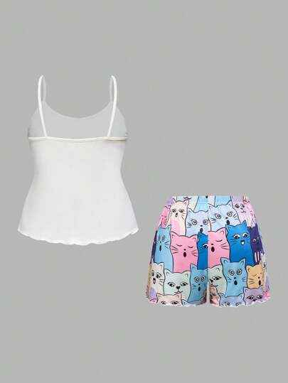 Kawaii Ensemble short et débardeur de pyjama imprimé chat mignon, vêtement d'intérieur casual, grande taille