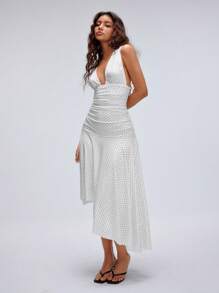 Flirla 1 chiếc váy midi thường ngày chấm bi đen trắng cổ chữ V sâu cho nữ, vừa vặn, màu trắng, xếp ly viền đuôi cá, kỳ nghỉ hè - Đen và trắng - Xem 1