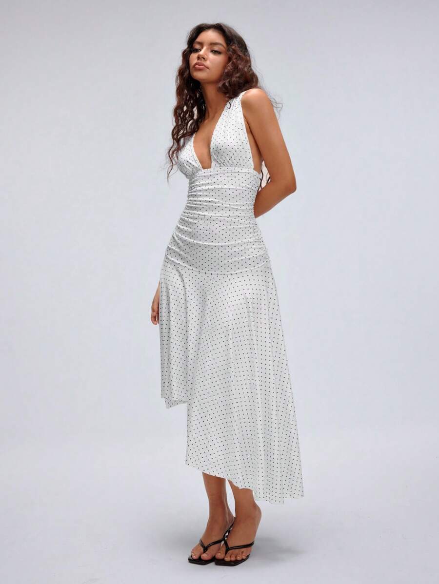 Flirla 1 chiếc váy midi thường ngày chấm bi đen trắng cổ chữ V sâu cho nữ, vừa vặn, màu trắng, xếp ly viền đuôi cá, kỳ nghỉ hè - Đen và trắng - Xem 1