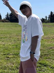 DAZY Summer Art Pattern Letter Print White Men T-Shirt,Graphic Tees - White - View 7