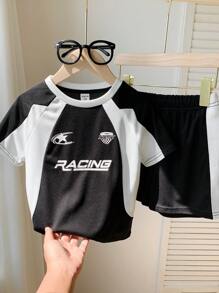 SHEIN 2pcs Young Boys Casual Comfortable Contrasting Color Raglan Sleeve T-Shirt And Shorts Set, Suitable For Spring & Summer Outdoor Wear - Multicolor - View 2