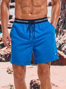 Surfspeed 男士度假拼色字母印花抽绳沙滩短裤，夏季，夏威夷风 - 藍色 - 查看 5